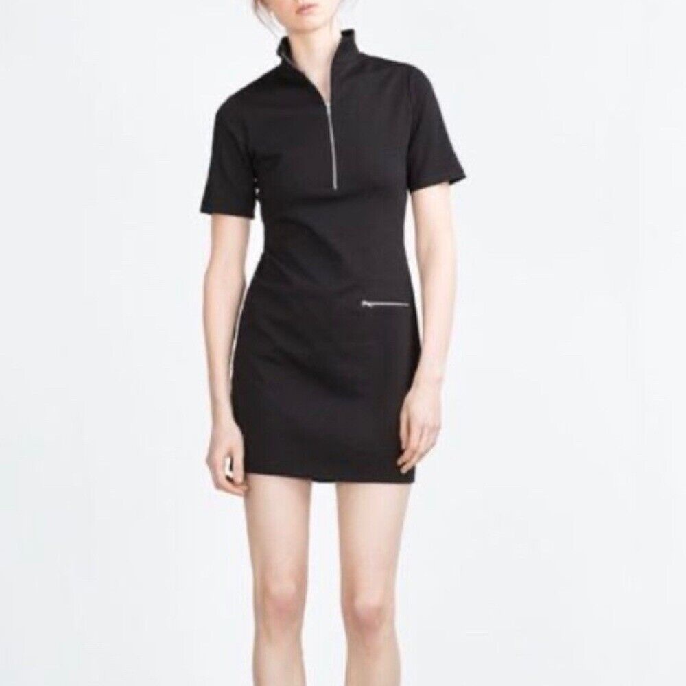 Zara Knit Mini Dress Zip Mock Neck Black